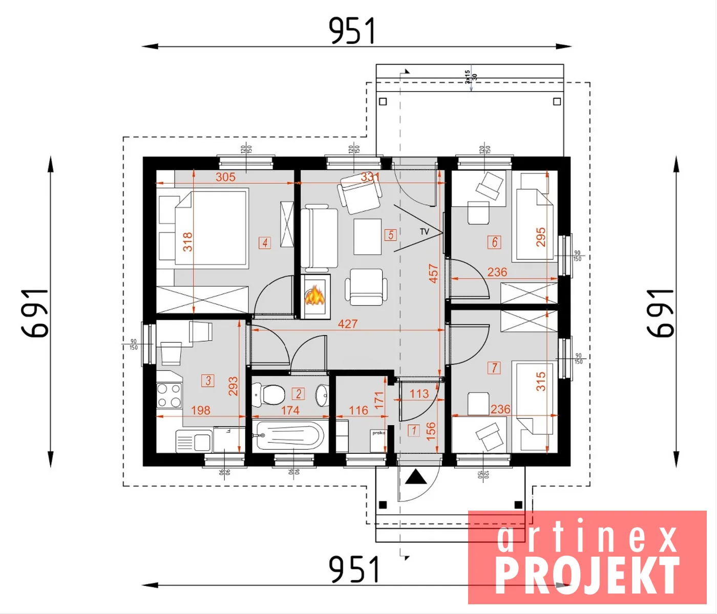 Rzut: parter, D20 Kazimierz, wersja drewniana