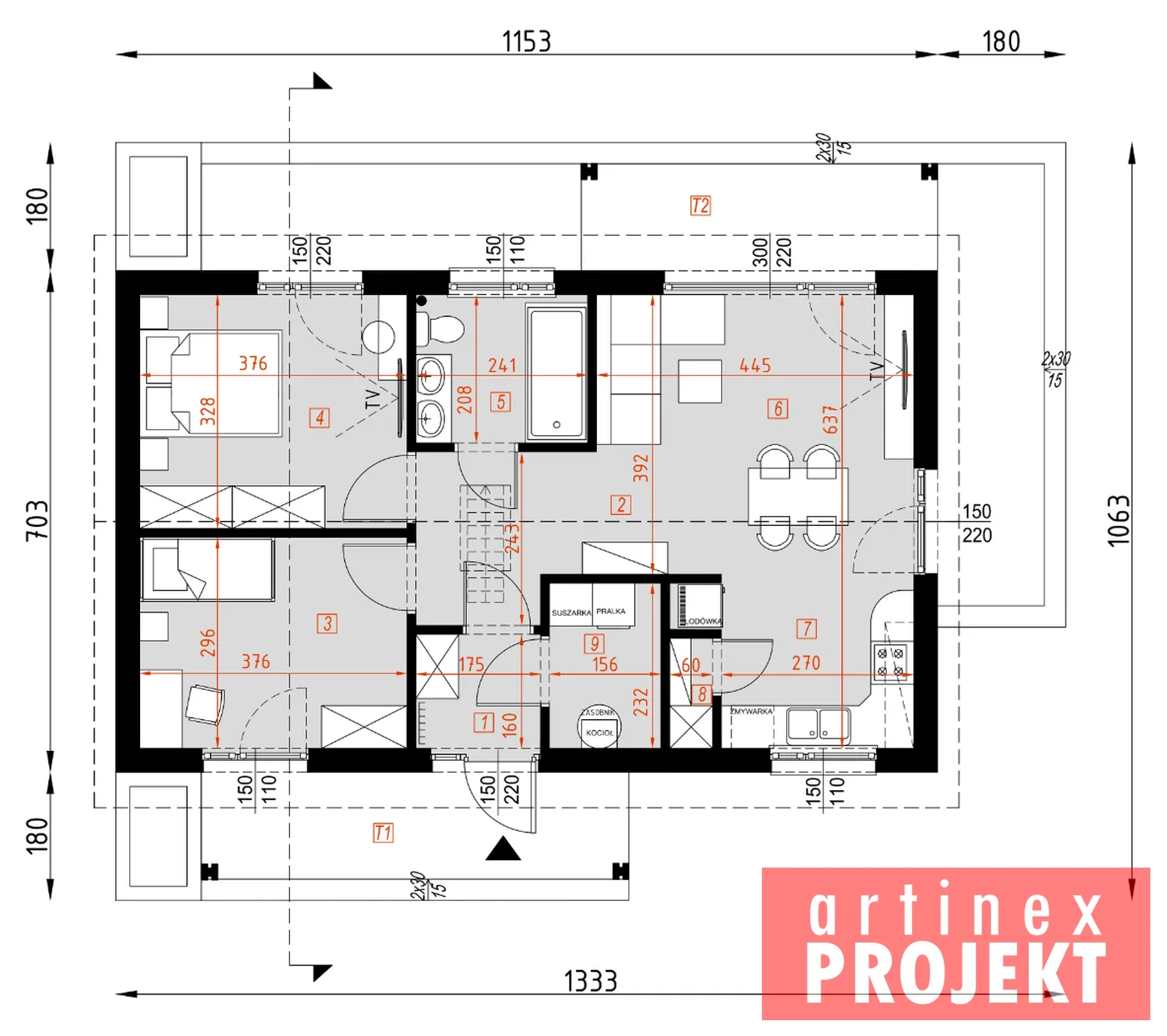 Rzut: parter, D324 wersja drewniana