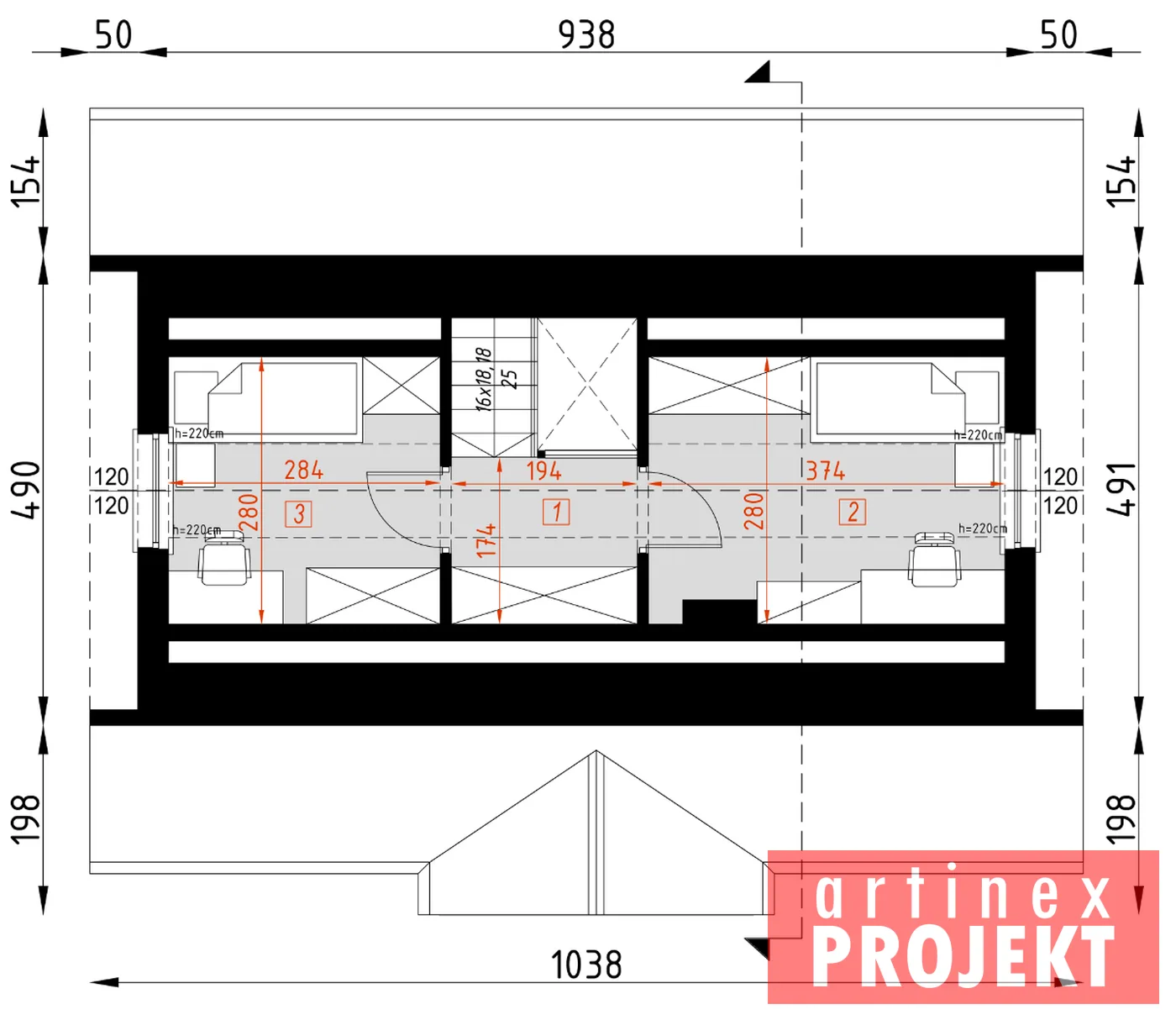 Rzut: poddasze, D325 wersja drewniana