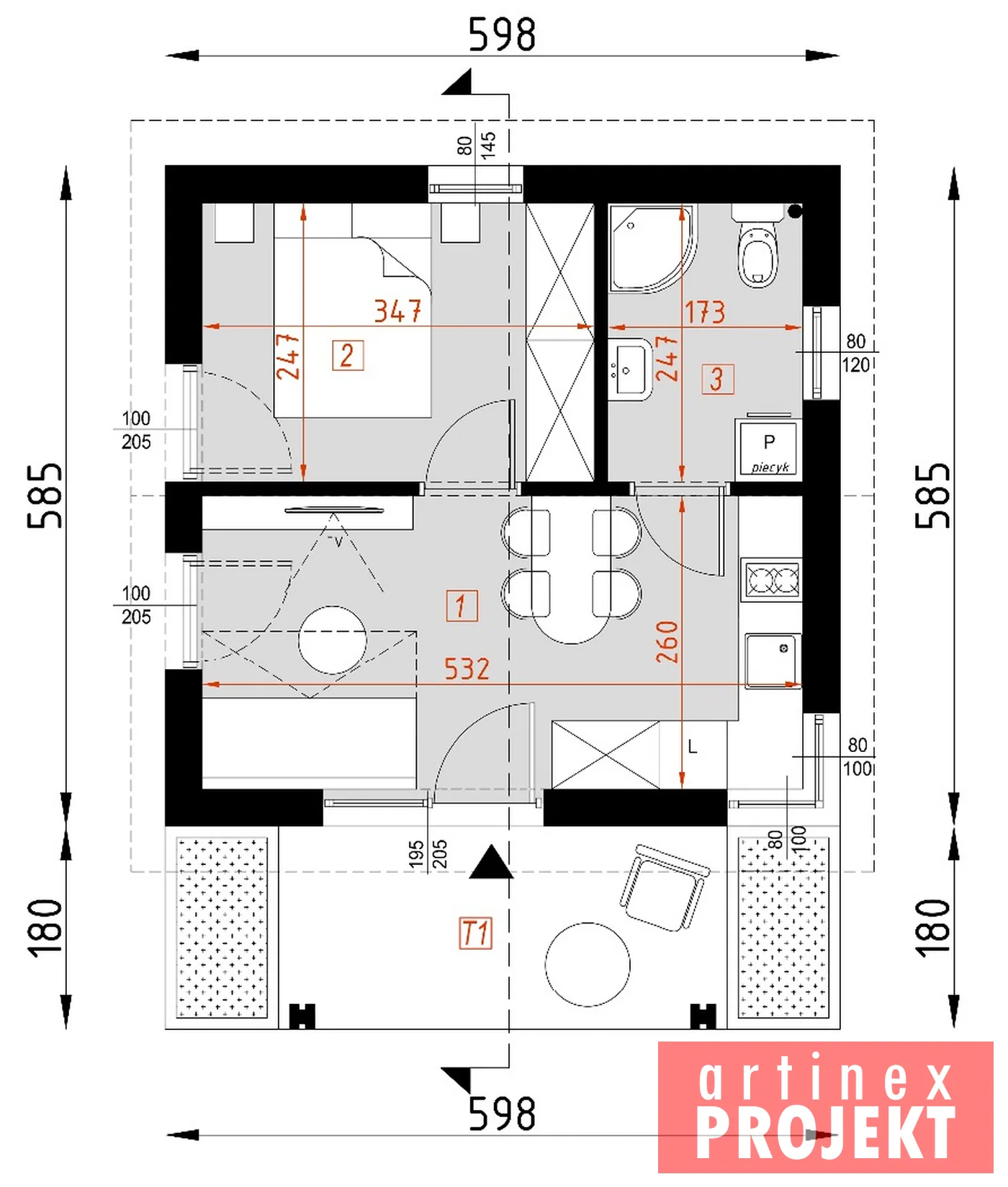 Rzut: parter, D315D wersja drewniana