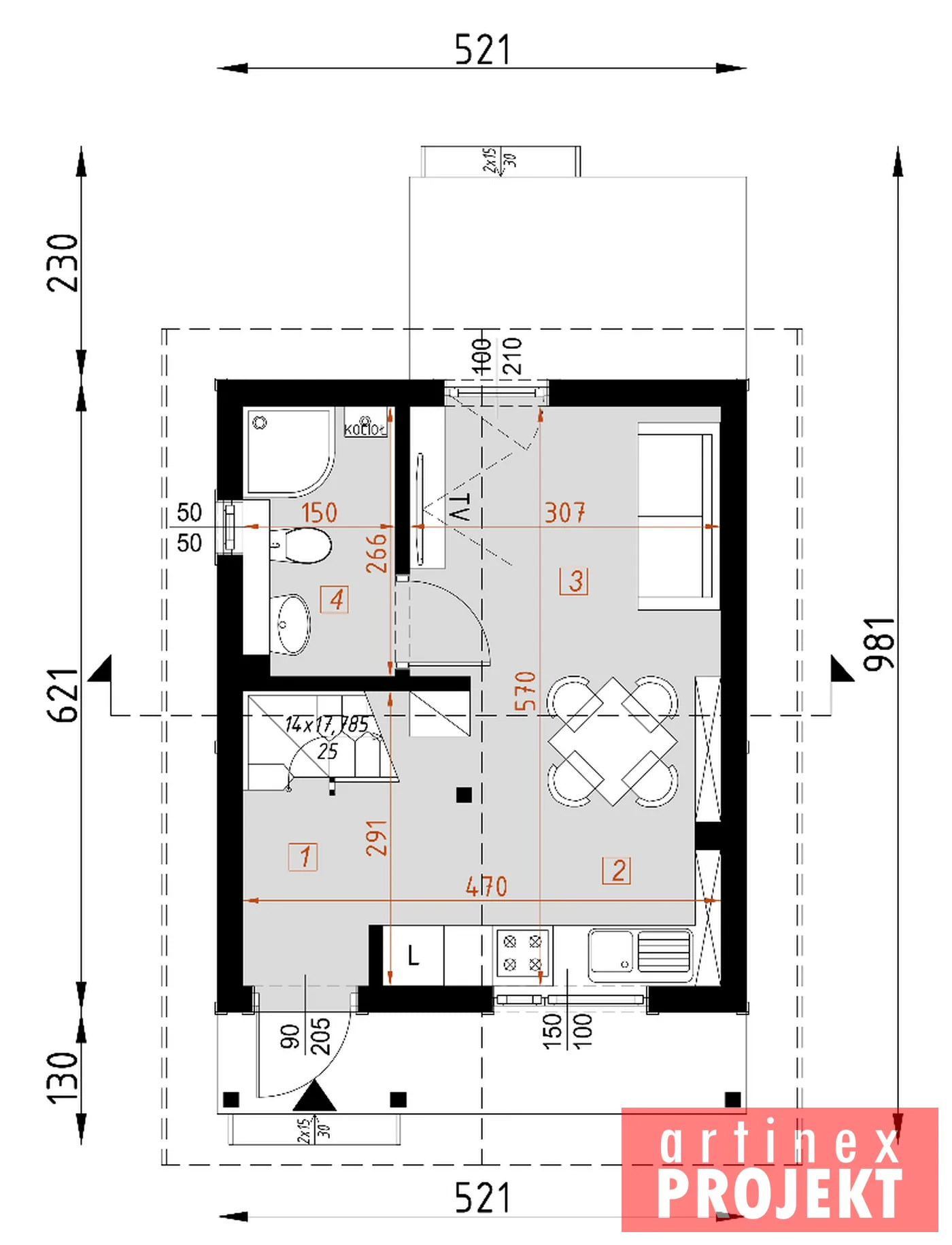 Rzut: parter, D421 wersja drewniana