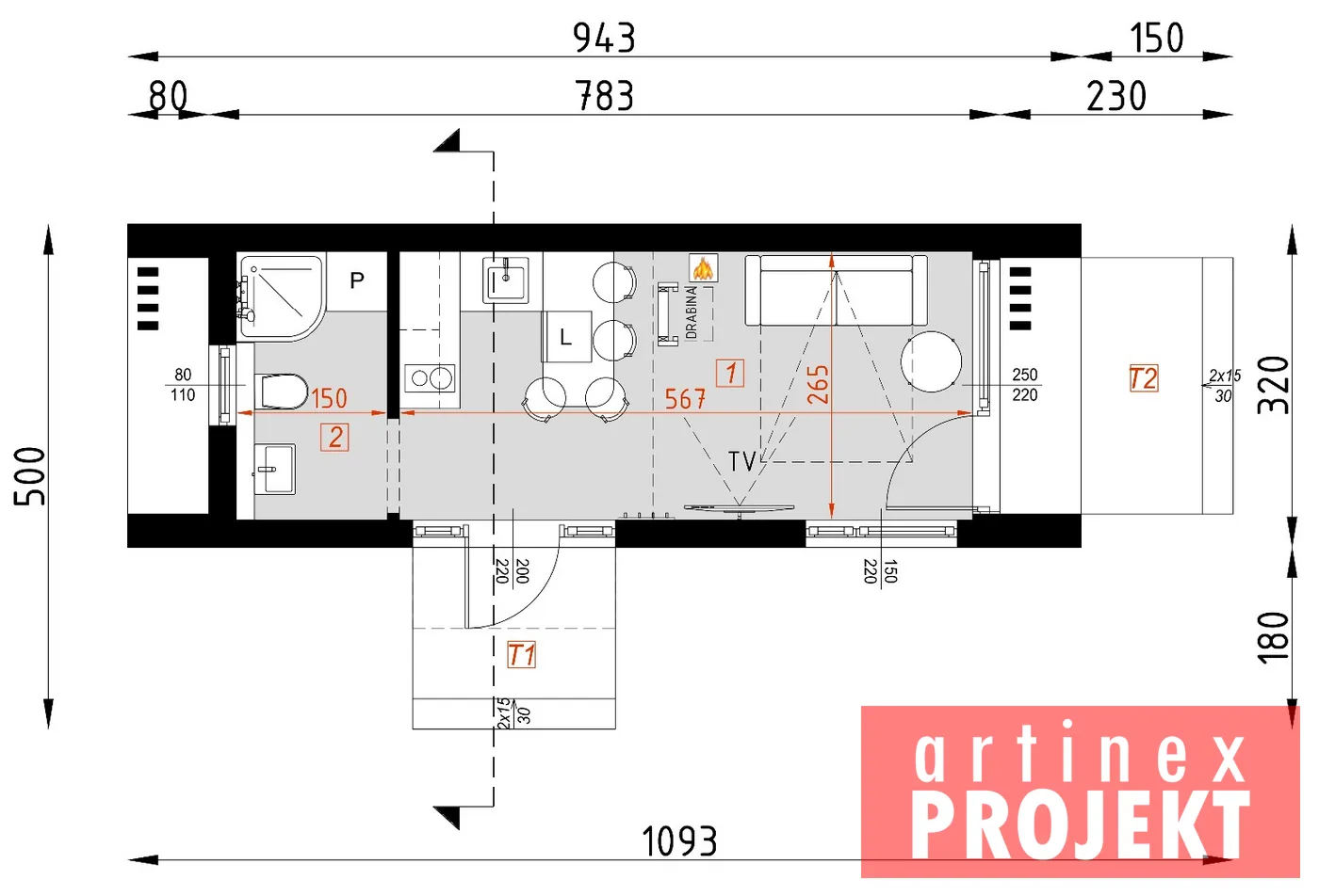 Rzut: parter, D435 wersja drewniana
