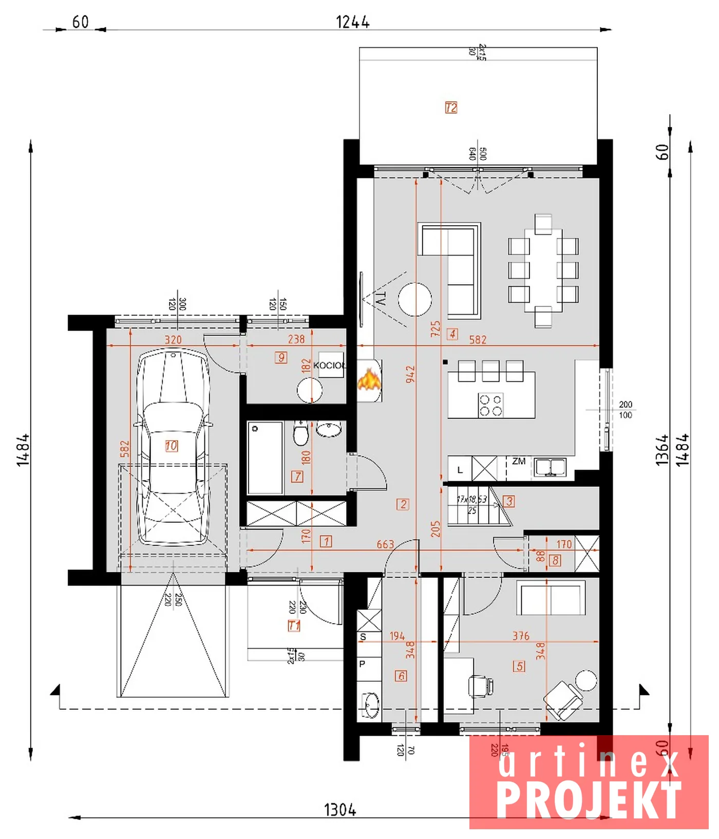 Rzut: parter, D444 wersja drewniana